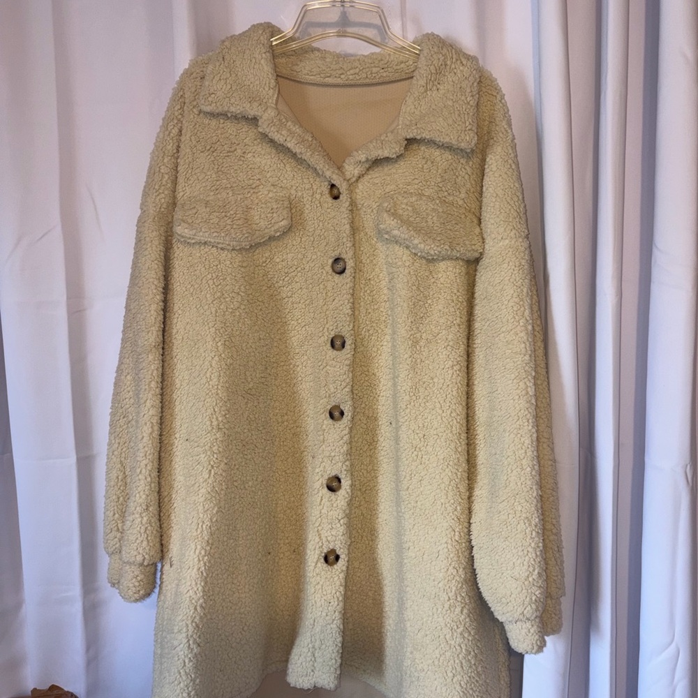 Soft Teddy Button-Up Shacket in Cream